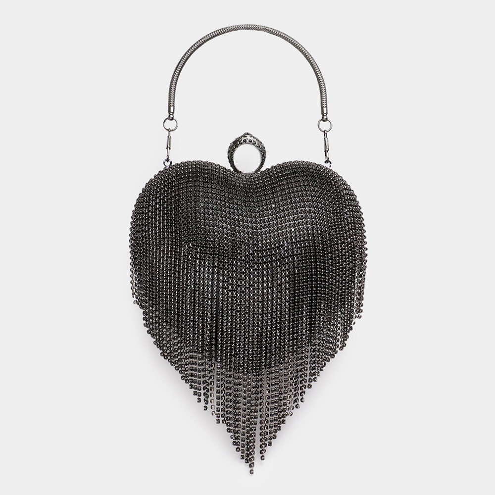 Black Fringe Crystal Heart Shaped Clutch Evening Bag